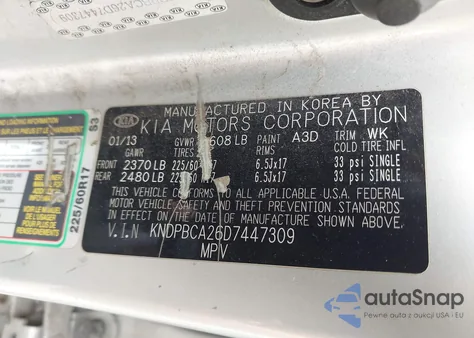 2013 Kia Sportage Lx z USA, uszkodzony, nr VIN KNDPBCA26D7447309